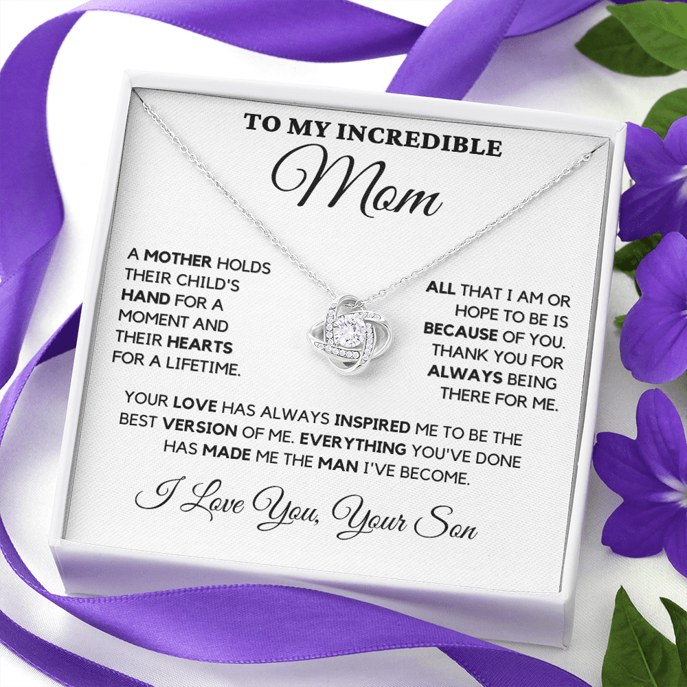 Gift for Mom| Birthday, Mother's Day Gift, Love Knot Necklace Jewelry w/ Custom Message Card, 'Their Child's Hand', 409CHSe