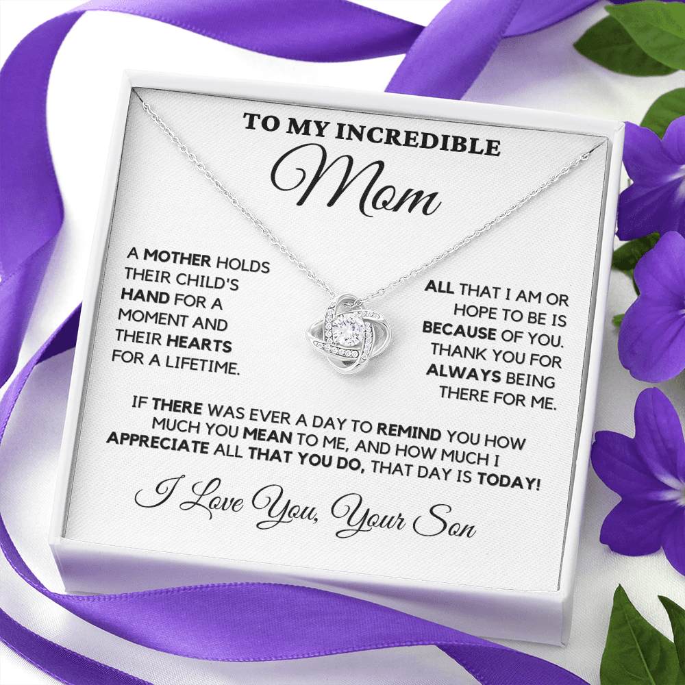 Gift for Mom| Birthday, Mother's Day Gift, Love Knot Necklace Jewelry w/ Custom Message Card, 'Their Child's Hand',  409CHSb