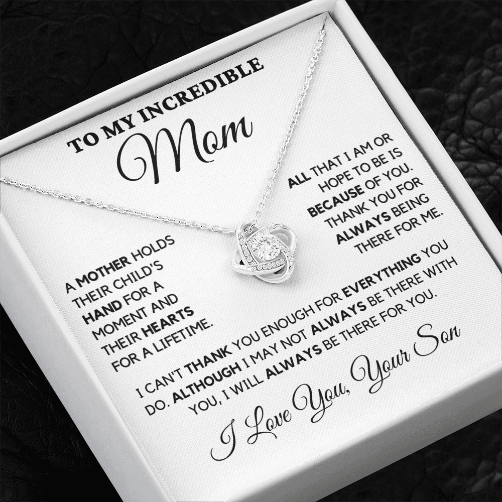 Gift for Mom| Birthday, Mother's Day Gift, Love Knot Necklace Jewelry w/ Custom Message Card,, 'Their Child's Hand',  409CHSc