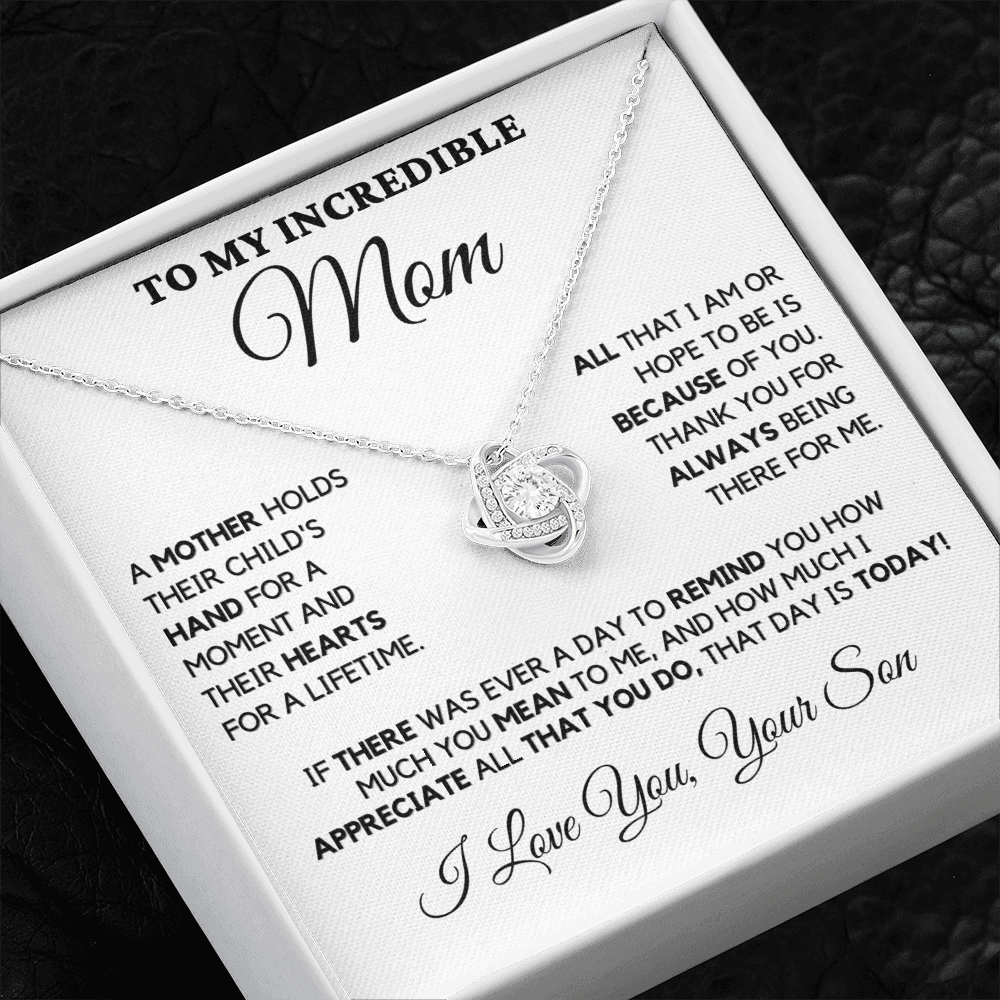 Gift for Mom| Birthday, Mother's Day Gift, Love Knot Necklace Jewelry w/ Custom Message Card, 'Their Child's Hand',  409CHSb