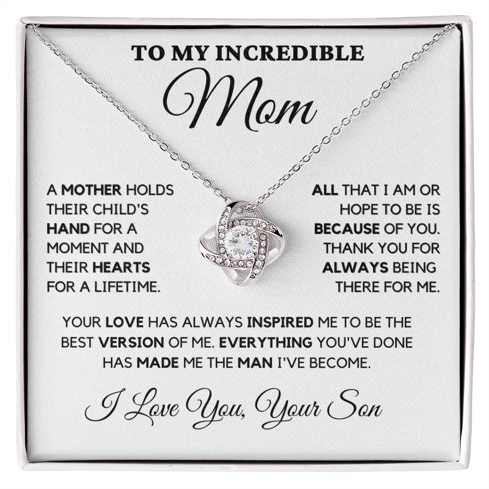 Gift for Mom| Birthday, Mother's Day Gift, Love Knot Necklace Jewelry w/ Custom Message Card, 'Their Child's Hand', 409CHSe