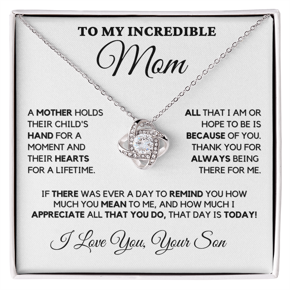 Gift for Mom| Birthday, Mother's Day Gift, Love Knot Necklace Jewelry w/ Custom Message Card, 'Their Child's Hand',  409CHSb