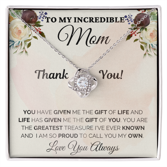 Gift for Mom| Mother's Day, Birthday Gift, Love Knot Necklace Jewelry w/ Custom Message Card, 424eGL