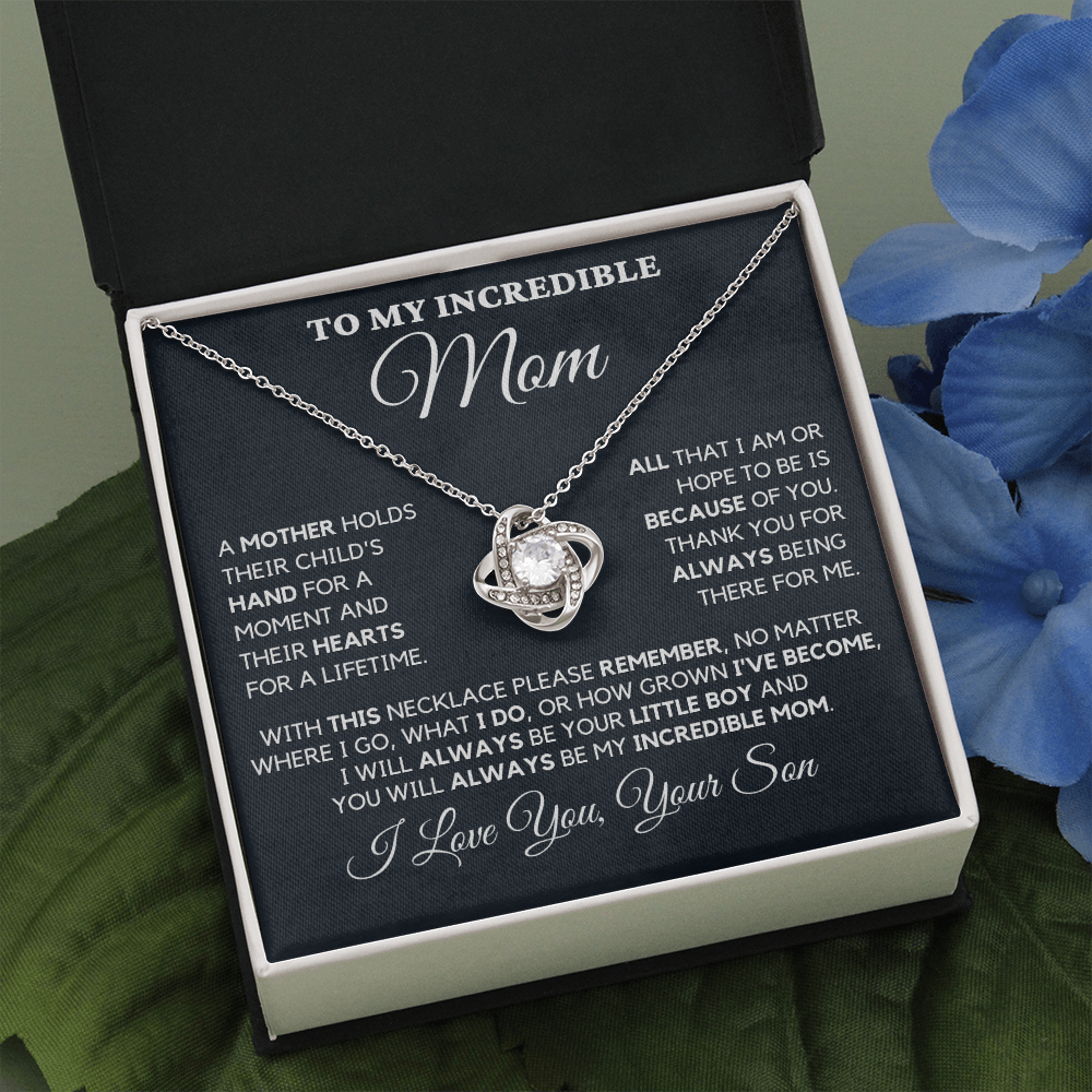 Gift for Mom| Birthday, Mother's Day Gift, Love Knot Necklace Jewelry w/ Custom Message Card, 'Their Child's Hand',  409CHSd