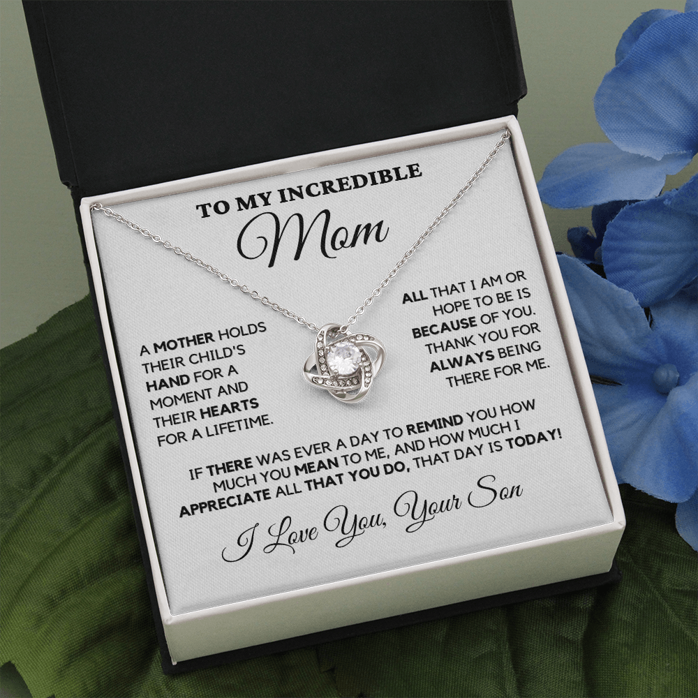 Gift for Mom| Birthday, Mother's Day Gift, Love Knot Necklace Jewelry w/ Custom Message Card, 'Their Child's Hand',  409CHSb