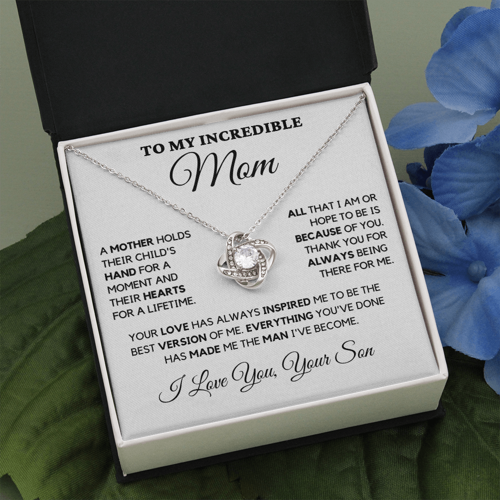 Gift for Mom| Birthday, Mother's Day Gift, Love Knot Necklace Jewelry w/ Custom Message Card, 'Their Child's Hand', 409CHSe