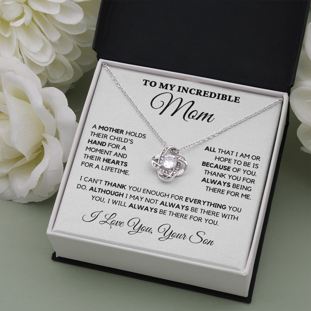 Gift for Mom| Birthday, Mother's Day Gift, Love Knot Necklace Jewelry w/ Custom Message Card,, 'Their Child's Hand',  409CHSc