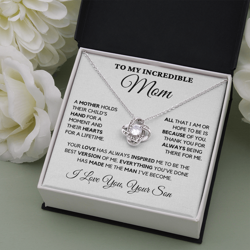 Gift for Mom| Birthday, Mother's Day Gift, Love Knot Necklace Jewelry w/ Custom Message Card, 'Their Child's Hand', 409CHSe