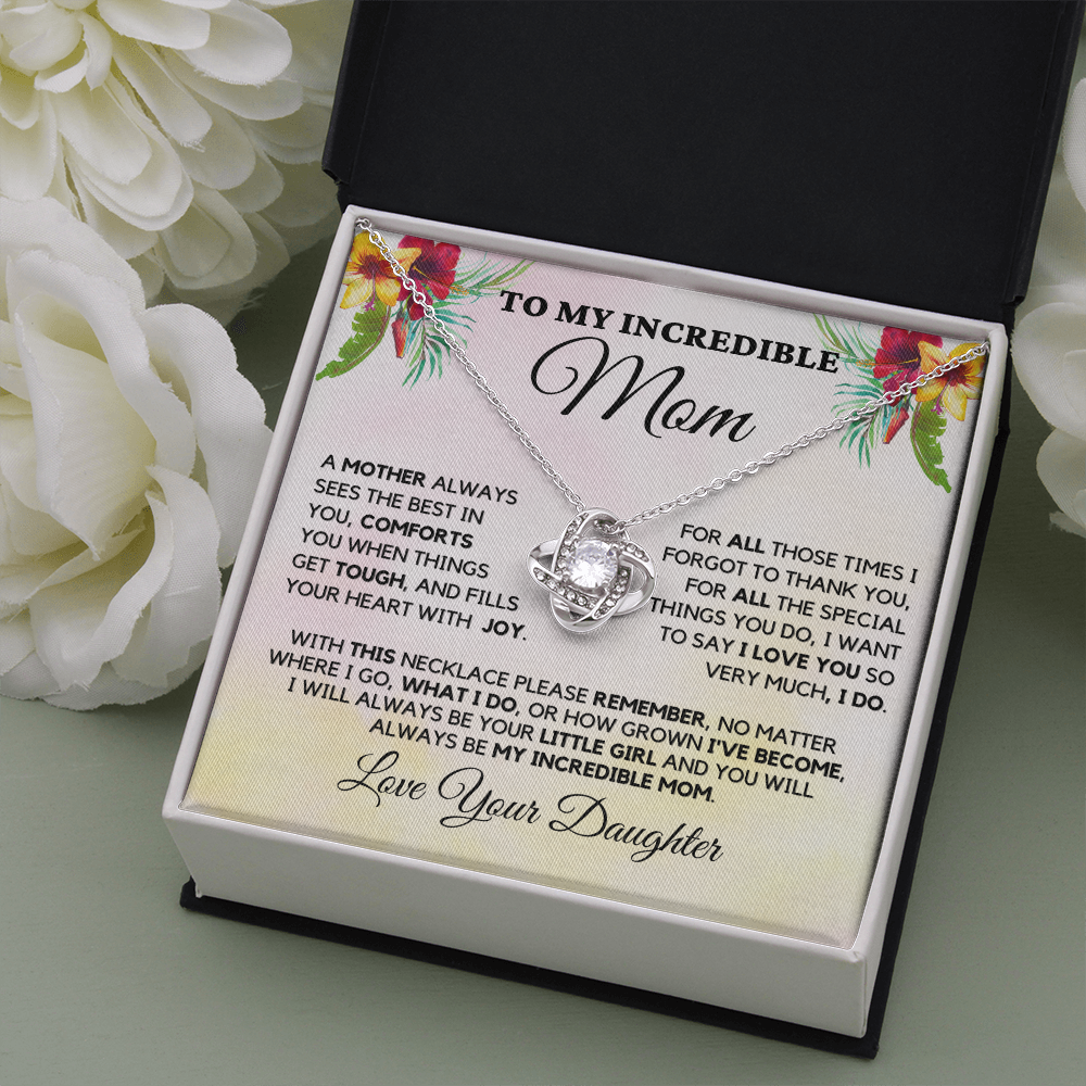 Best Mom Gift| Love Knot Necklace w/ Custom Message Card, 'Sees The Best', 403TBD1