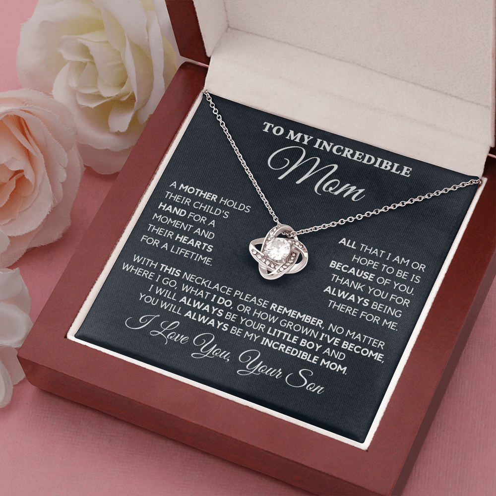 Gift for Mom| Birthday, Mother's Day Gift, Love Knot Necklace Jewelry w/ Custom Message Card, 'Their Child's Hand',  409CHSd