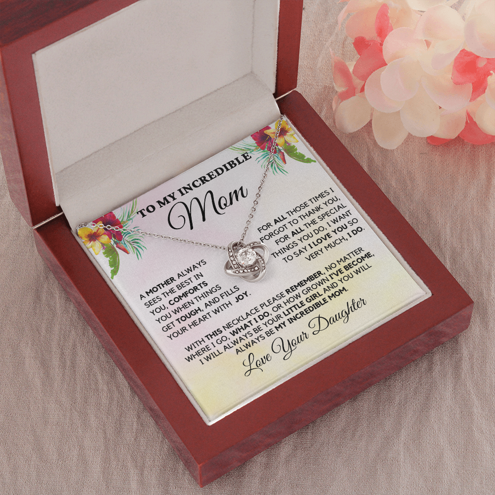 Best Mom Gift| Love Knot Necklace w/ Custom Message Card, 'Sees The Best', 403TBD1