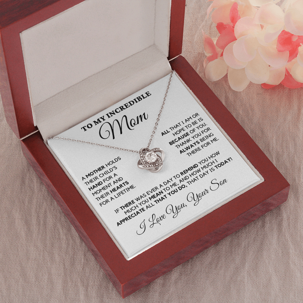 Gift for Mom| Birthday, Mother's Day Gift, Love Knot Necklace Jewelry w/ Custom Message Card, 'Their Child's Hand',  409CHSb