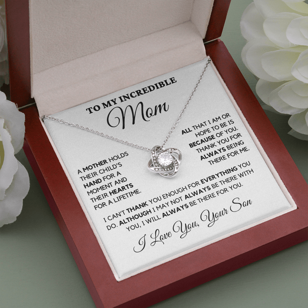 Gift for Mom| Birthday, Mother's Day Gift, Love Knot Necklace Jewelry w/ Custom Message Card,, 'Their Child's Hand',  409CHSc