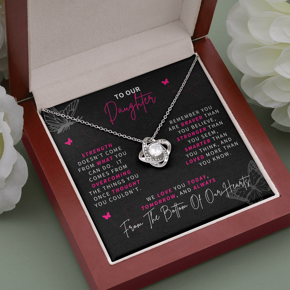 Gift for Daughter, Love Knot Necklace- Braver and Stronger, Black-v2